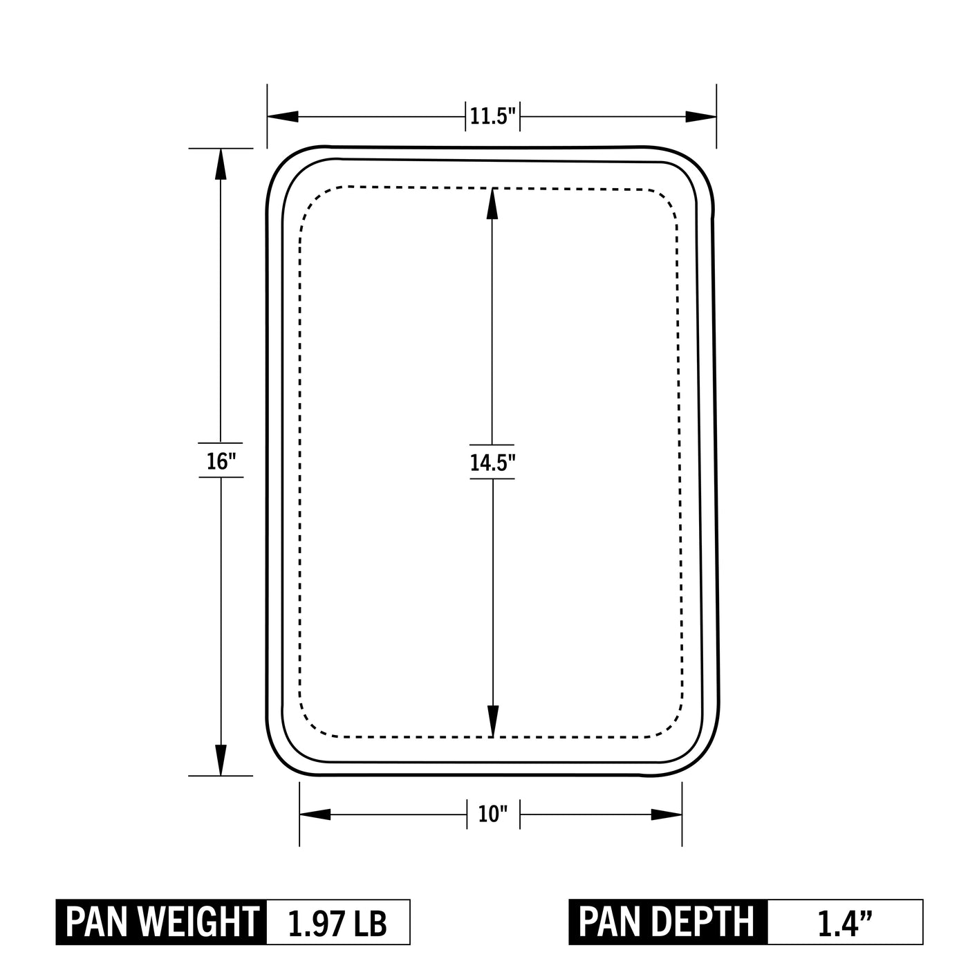 Measurement chart of a rectangular pan with dimensions and weight on a white background