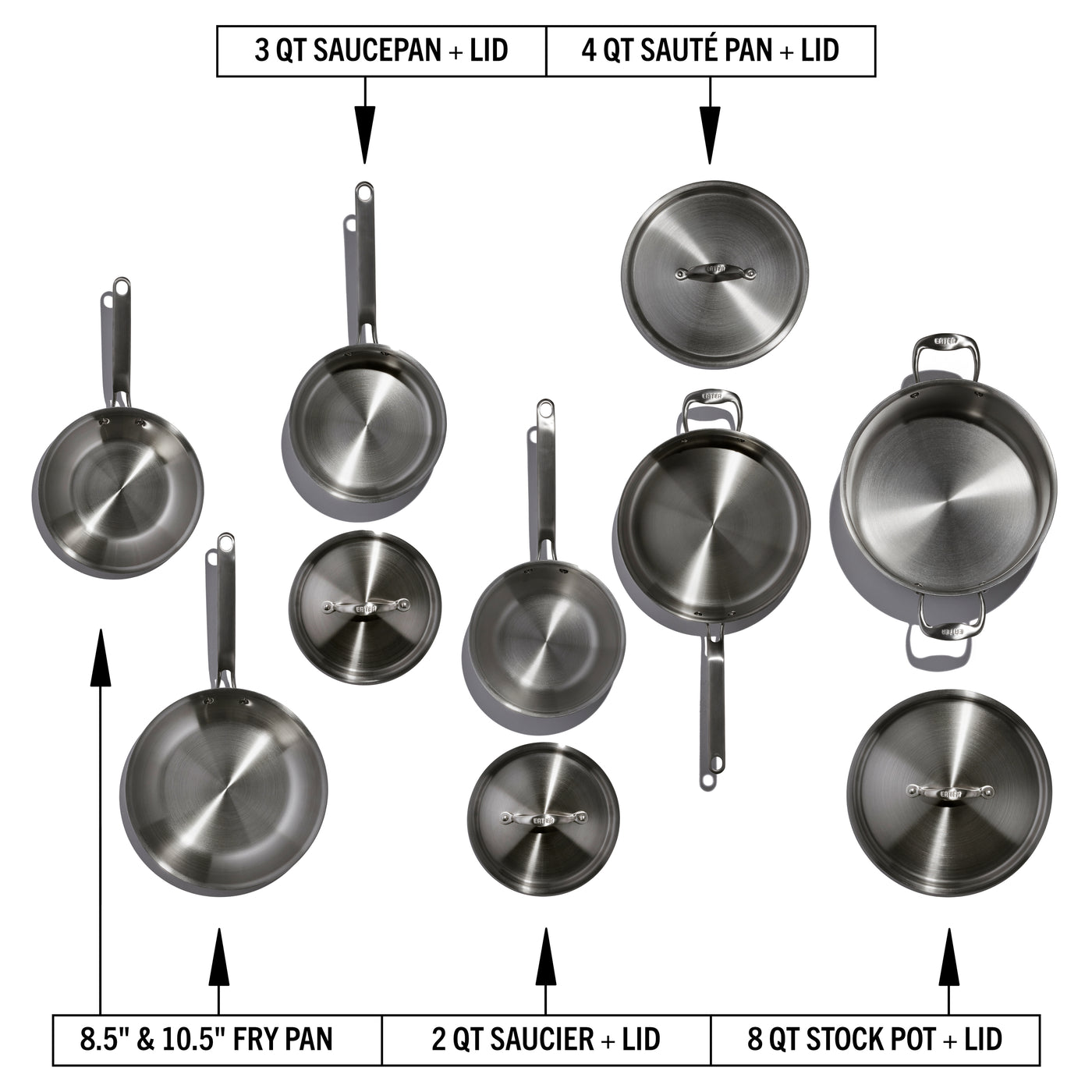 Eater x Heritage Steel 10 Piece Cookware Set, Made in USA, 5 Ply Fully Clad